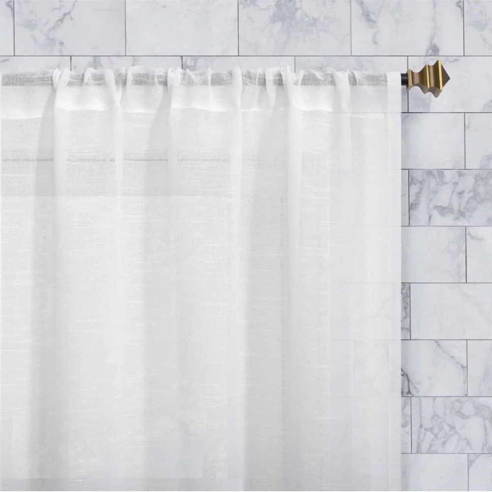 (2) Slub Textured Linen Blend Cafe Curtain White Set 56x24” Cottage Rod Pocket